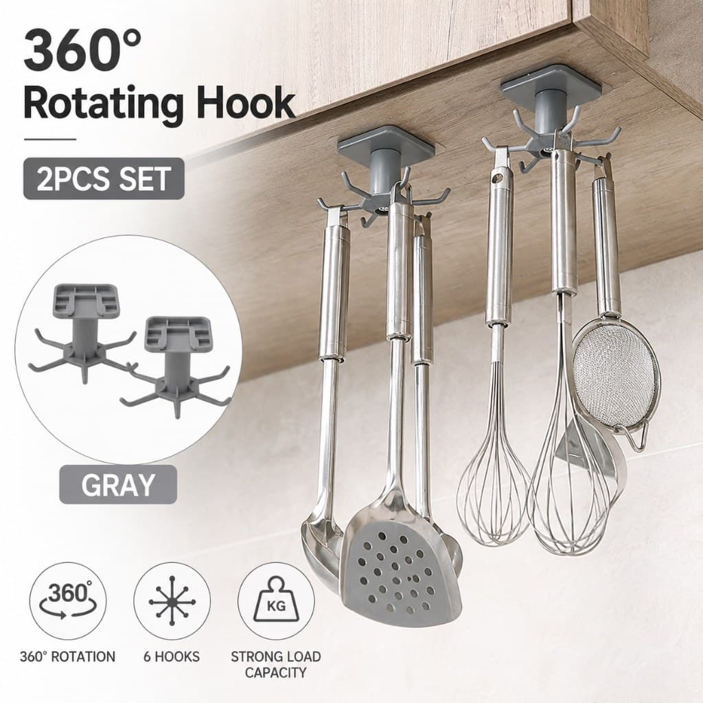 OPELLIA Gancho Giratório 360° 2 Peças 6 Ganchos Adesivo Organizador de Utensílios de Cozinha Sob Armário