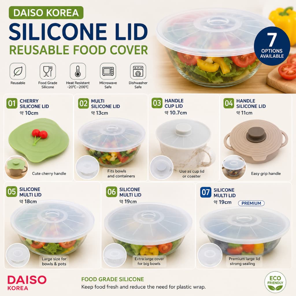 [DA07] Coreia Daiso Tampa De Silicone Reutilizável Para Alimentos Tigela Copo Pote Resistente Ao Calor Cozinha Multi 10c