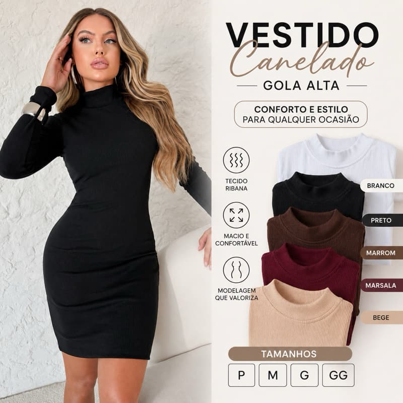 Vestido Ribana Gola Alta Manga Longa Femininoi