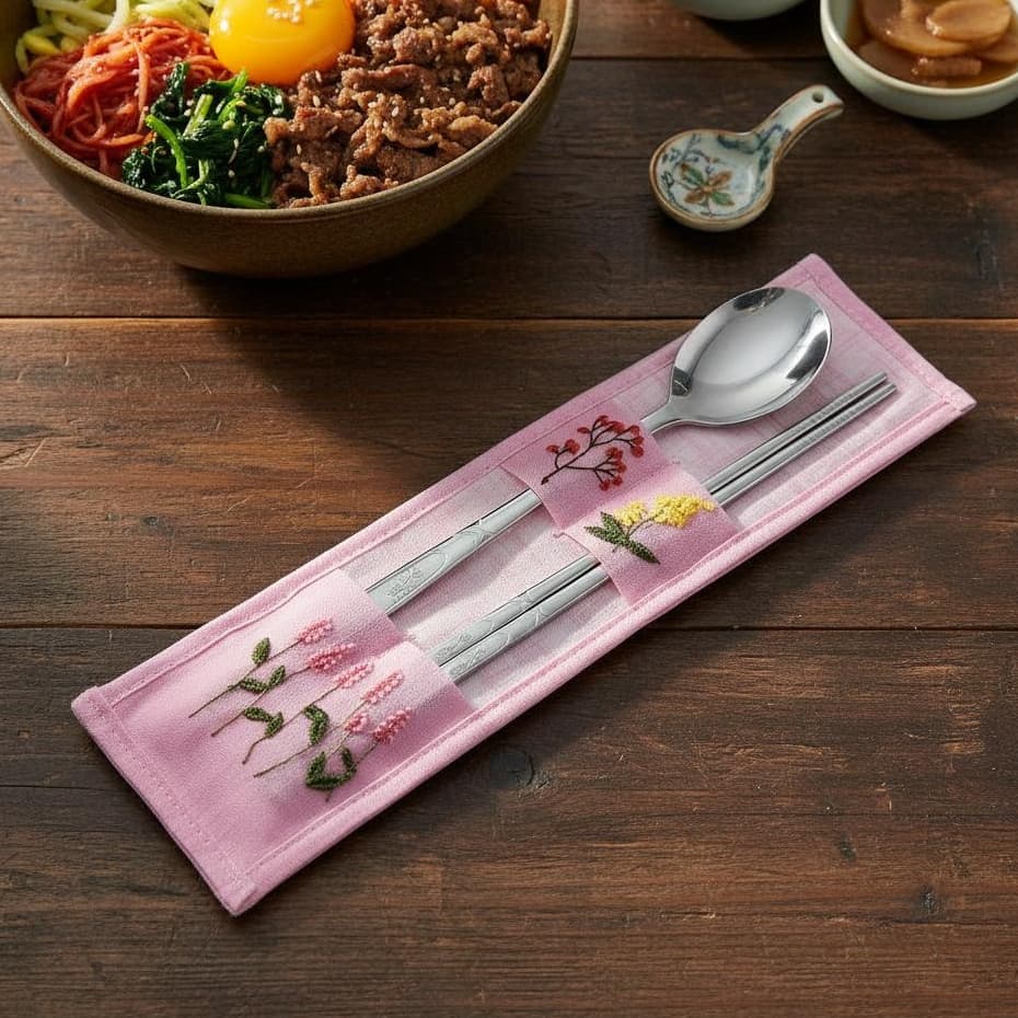 [NURIARA Colher E Pauzinhos Coreanos (Rosa)-Padrão De Flor De Ameixa/Aço Inoxidável] Talheres De Churrasco Coreano Prese