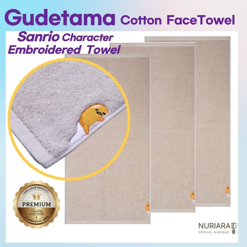 Toalha De Rosto De Algodão Premium Sanrio Characters 170g-Gudetama Beige (Conjunto De 3 Peças) Macia • Grosso Altamente