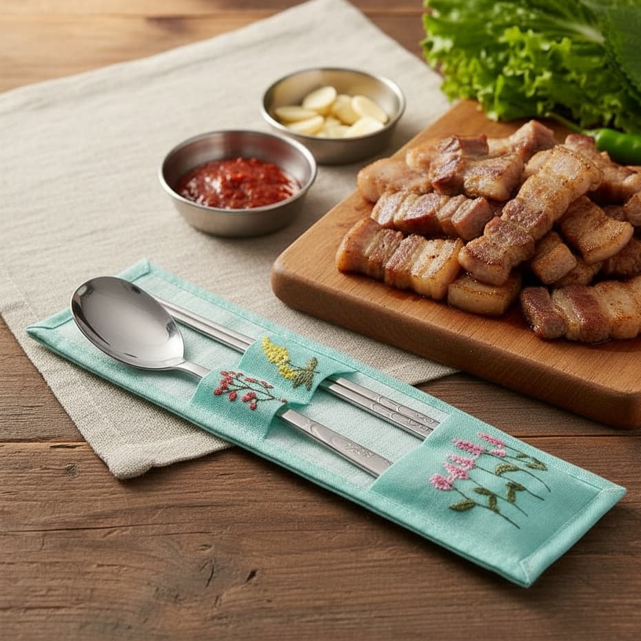 [NURIARA Colher E Pauzinhos Coreanos (Hortelã)-Padrão De Flor De Ameixa/Aço Inoxidável] Talheres De Churrasco Coreano Pr