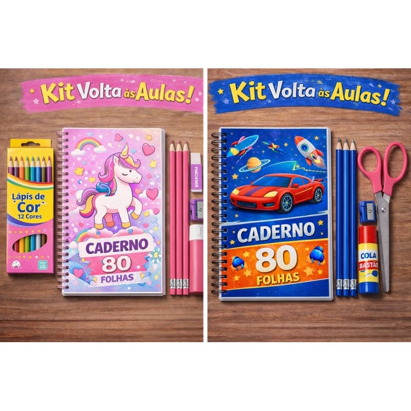 Kit Material Escolar - Volta as Aulas 19 itens - Caderno capa dura +Kit com lápis de escrever e mais