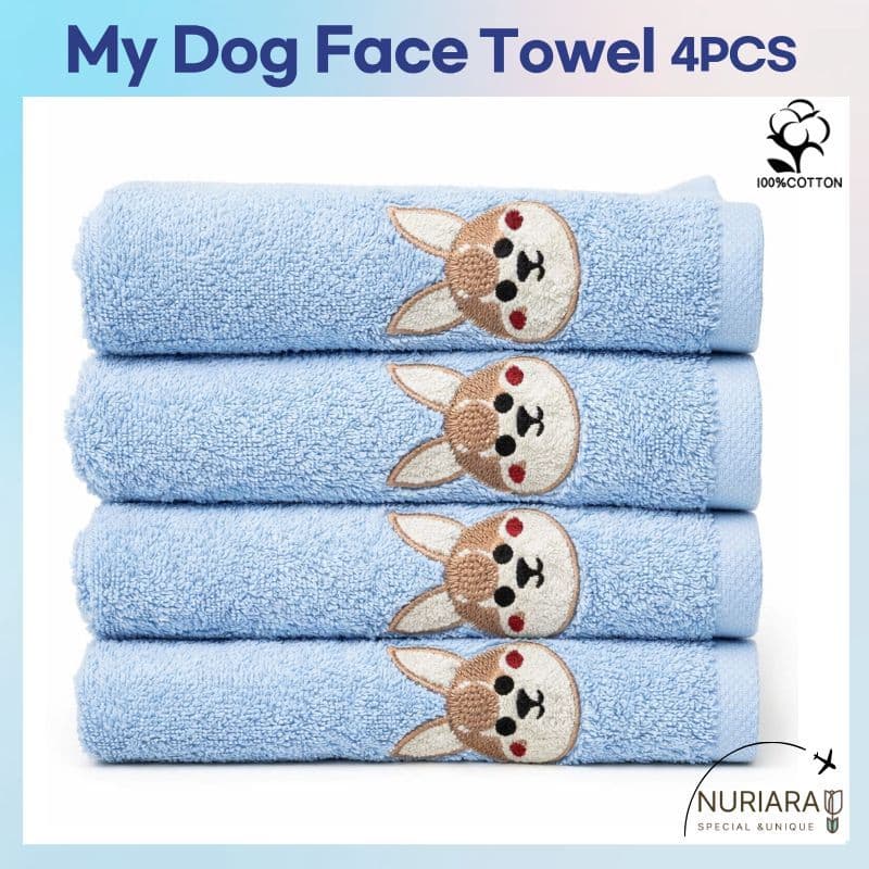 [Soft Touch] Toalha De Rosto Bordada My dog (Conjunto De 4 Peças-Welsh Corgi Sky Blue) Algodão De Secagem Rápida Infanti