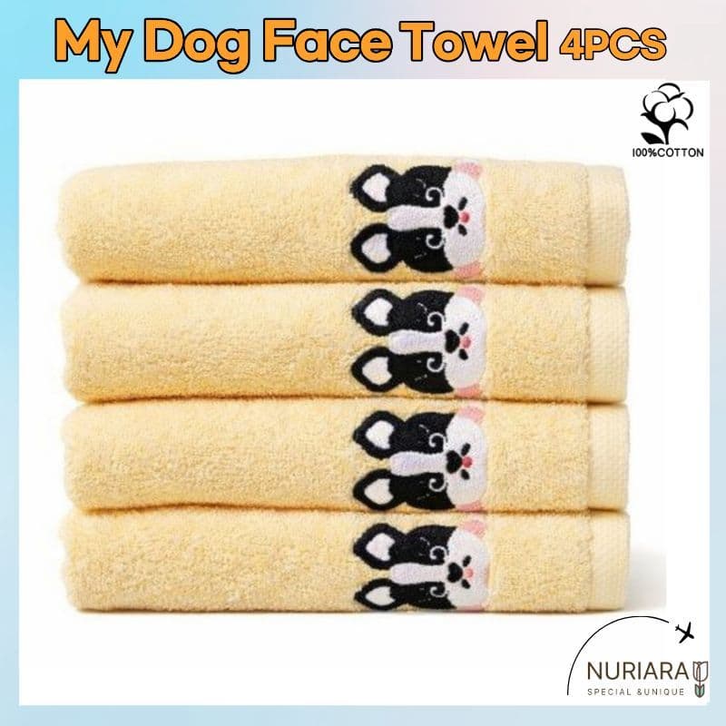 [Soft Touch] Toalha De Rosto Bordada My dog (Conjunto De 4 Peças-Bulldog Francês Amarelo) Algodão De Secagem Rápida Infa