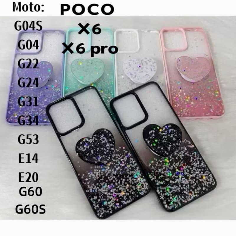Capinha com glitter e Pop Socket para  Motorola Moto G04/G04s/G22/G24//G31/G34/G53/E14/E20/ G60/G60S/poco x6/poco x6 pro