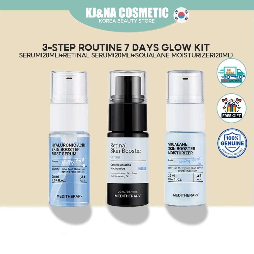[MEDITHERAPY] Kit de rotina de 3 passos para uma pele radiante em 7 dias: Sérum de ácido hialurônico (20ml) + Sérum de r