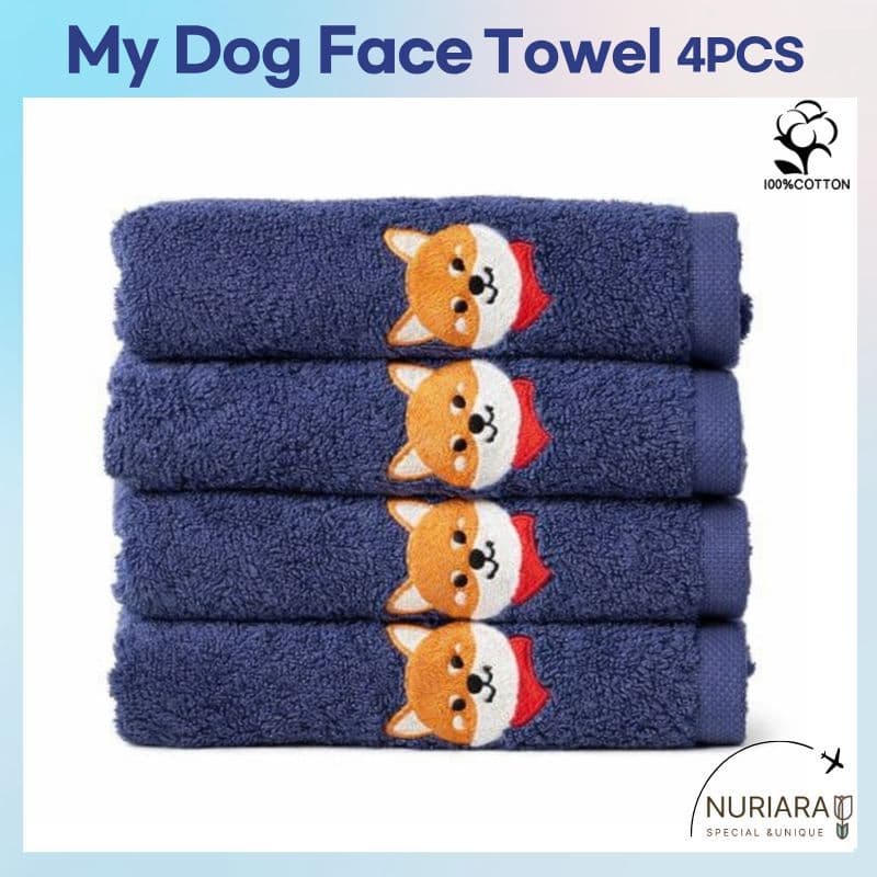 [Soft Touch] Toalha De Rosto Bordada My dog (Conjunto De 4 Peças-Shiba Inu Navy) Algodão De Secagem Rápida Infantil Fofa