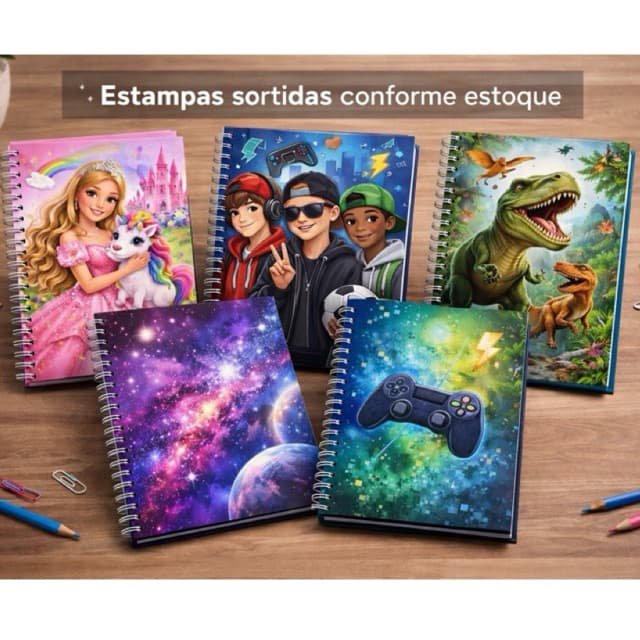 Kit com 2 Cadernos Capa Dura 1 Matéria • 80 folhas - Capa Dura • Estampas Sortidas caderno espiral b