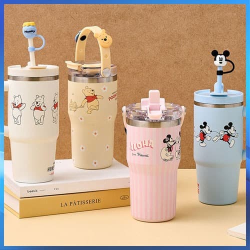 Disney Pooh Mickey Tumbler 600ml Com Tampa De Canudo E Alça Para Presente Em Aço Inoxidável 304 Garrafa De Caneca De Sil