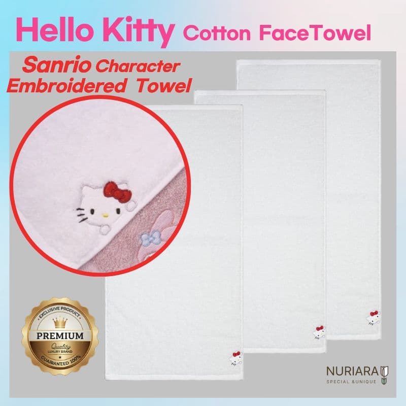 Toalha Facial De Algodão Premium Sanrio Characters 170g-Hello Kitty White (Conjunto De 3 Peças) Macia • Grosso Altamente