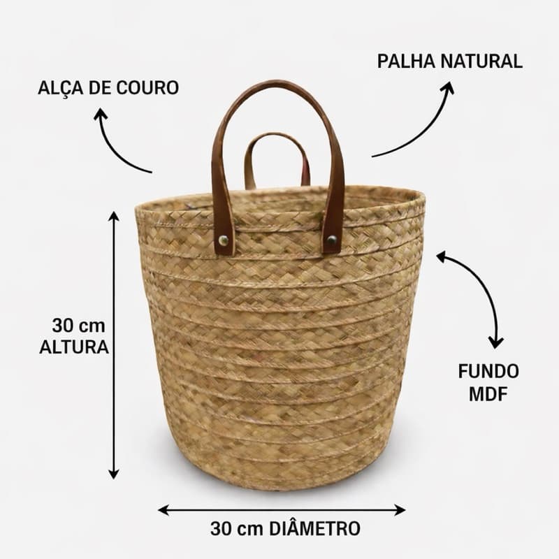 Cesto Cachipot Vaso de Palha Artesanal 30x30 com fundo MDF alça de couro, Organizador, Manta de sofá