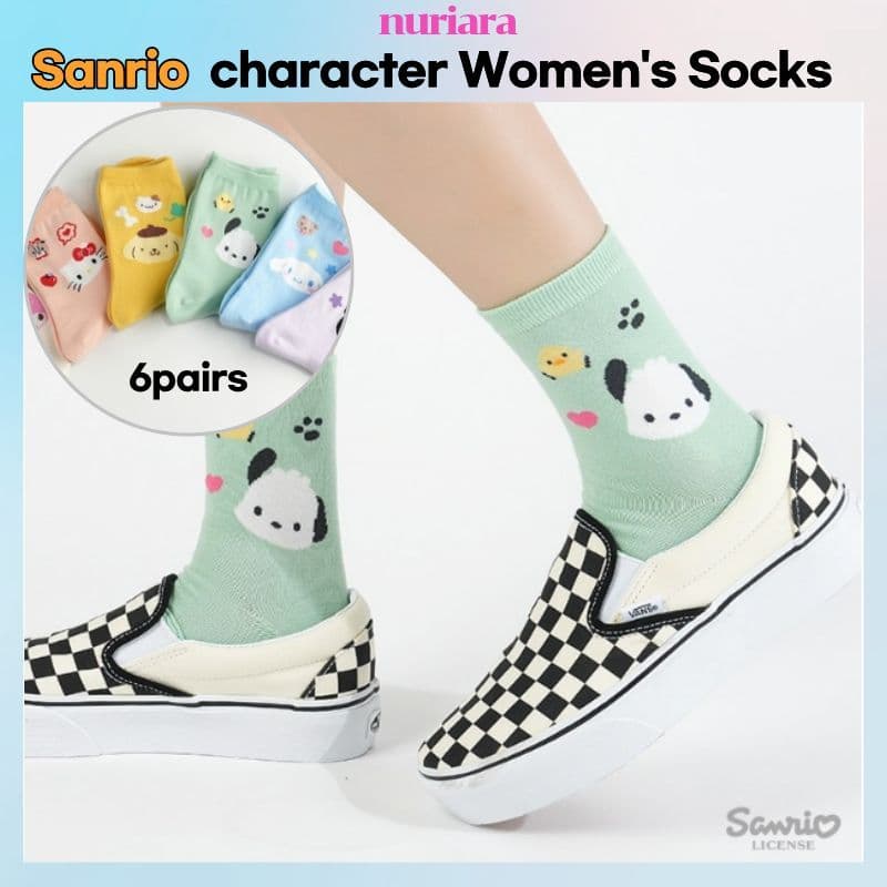 Meias Femininas Estilo Sanrio Com Personagens Fofos – Conjunto De 6 Pares