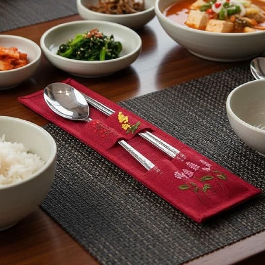 [NURIARA Colher E Pauzinhos Coreanos (Vermelho)-Padrão De Flor De Ameixa/Aço Inoxidável] Talheres De Churrasco Coreano P
