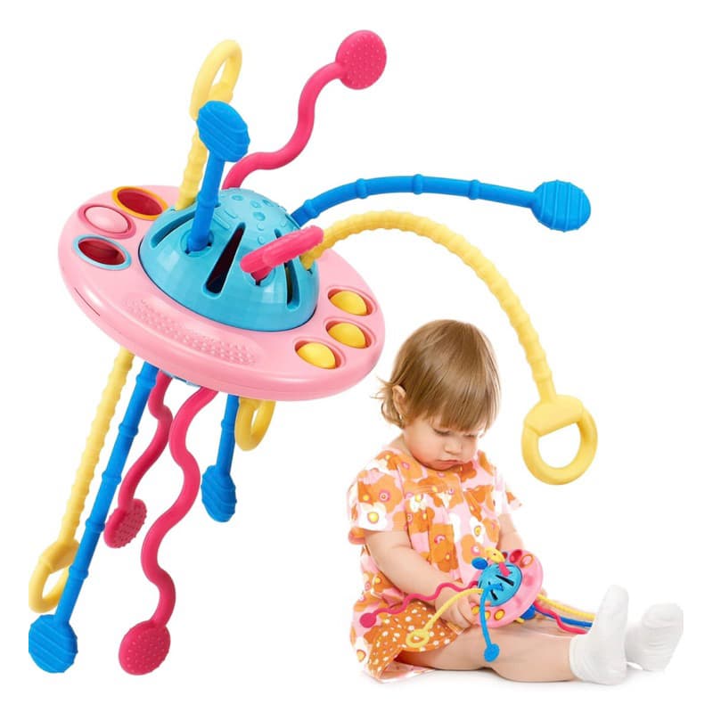 Brinquedo Sensorial Bebê ocupado Montessori Mordedor Pull String Silicone Rosa