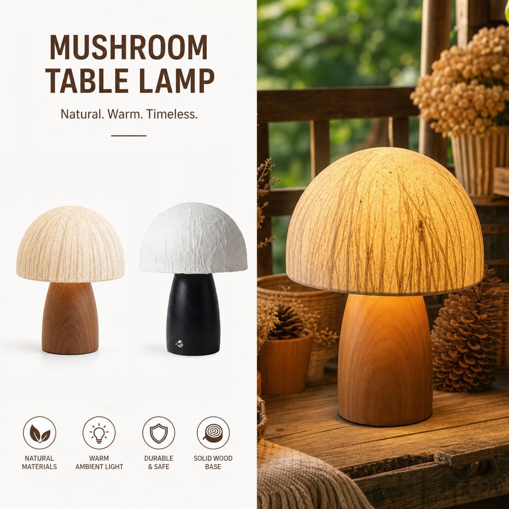 Luminária De Mesa Formato De Cogumelo Wabi-Sabi Base De Madeira Maciça Abajur De Mesa Fibra Natural Texturizada LED Luz