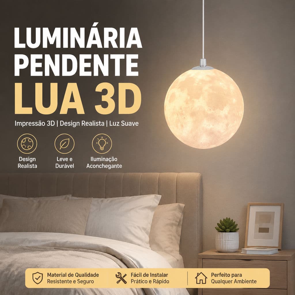 Luminária Pendente Lua 3D Design Realista Luz Suave Lâmpada Suspensa Decorativa Para Ambientes Internos
