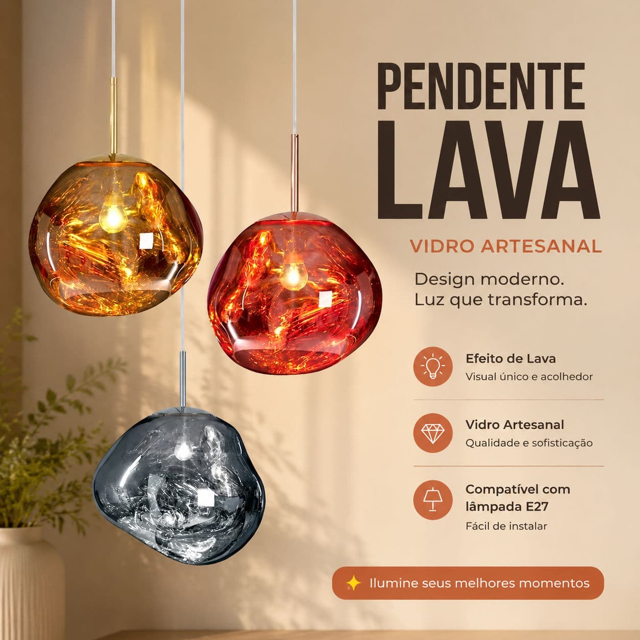 Luz Pendente De Vidro Artesanal Com Efeito De Lava , Lâmpada Decorativa Moderna Para Sala De Jantar , Ouro , Prata , Ver