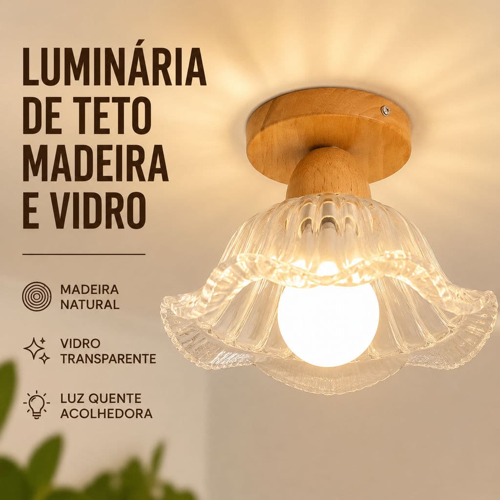 Luminária De Teto Madeira E Vidro, Plafon De Teto Minimalista Para Corredor Quarto Sala