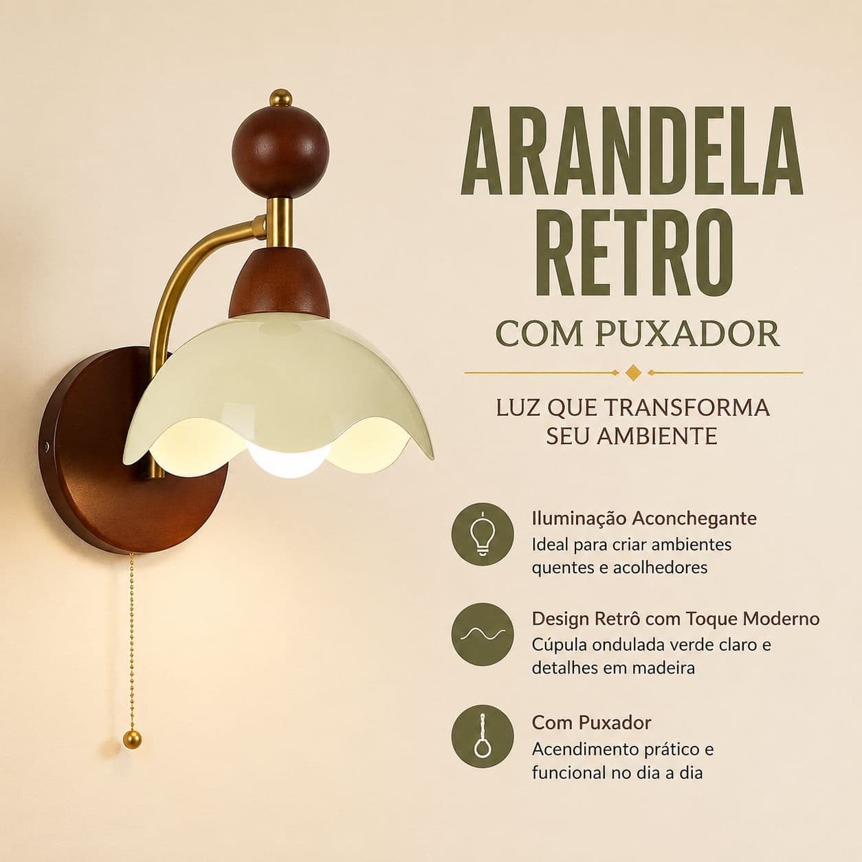 Arandela Retro Madeira Maciça Vidro Creme Luminaria De Quarto lampu hias lampu hias dinding