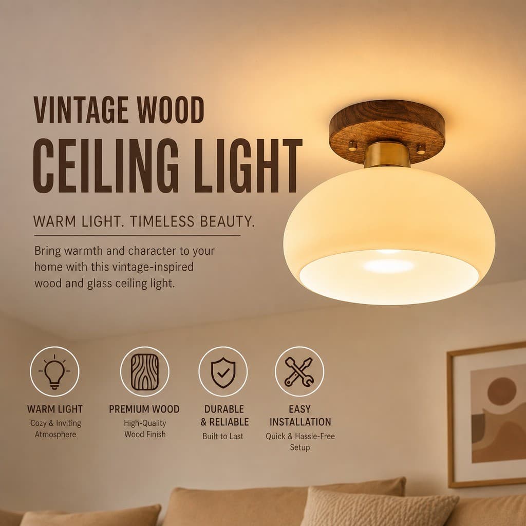 CZHLIFE Luminária De Teto Janelas Retrô De Madeira Vidro Lâmpada De Teto LED Semi-Embutidas Quarto, Varanda, Corredor
