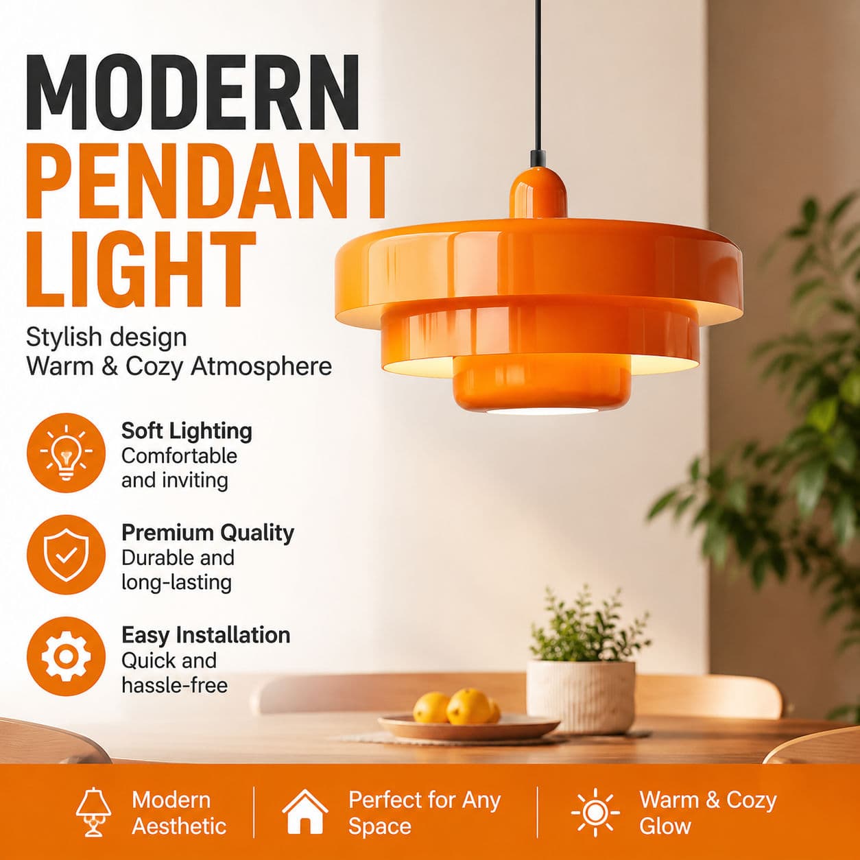 Luminária Pendente Moderna Laranja Três Camadas Design Vintage Para Sala Cozinha Quarto Decoração Interna