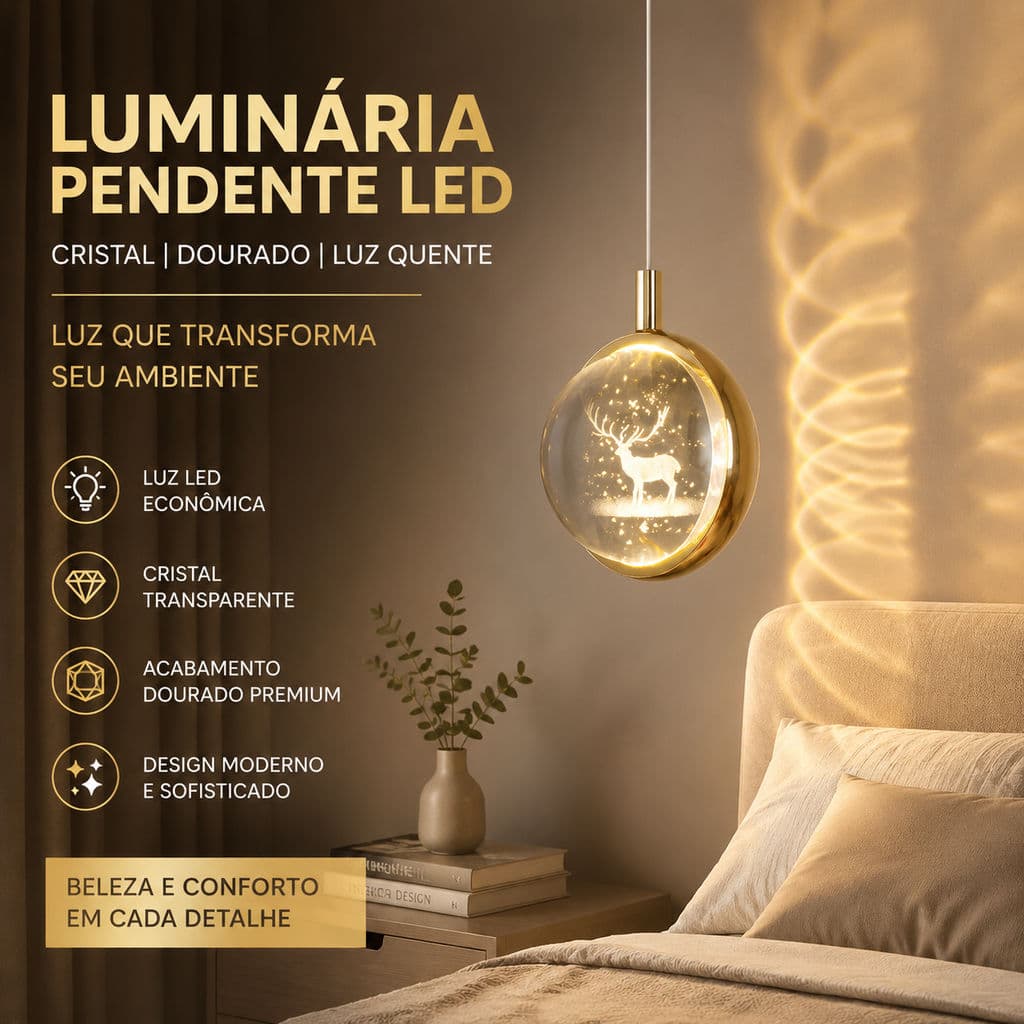 Luminária Pendente LED Dourada De Cristal Pendente Suspenso Decorativo Para Quarto Sala De Jantar