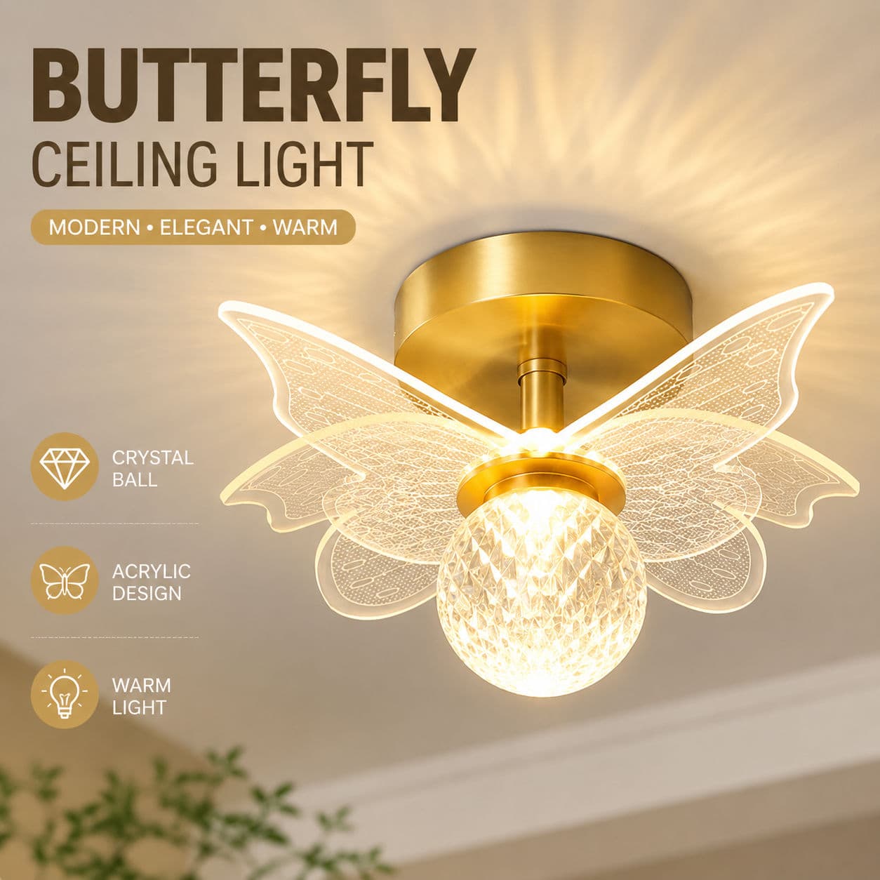 Luminária De Teto Borboleta Moderna Dourada Acrílico Cristal Para Quarto Corredor
