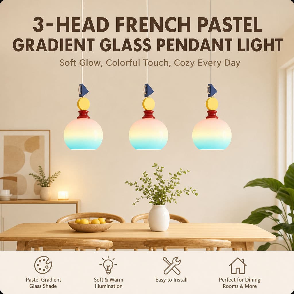 Luz Pendente De Vidro Gradiente Pastel Francês De 3 Cabeças Tricolor Regulável Para Sala De Jantar E Quarto
