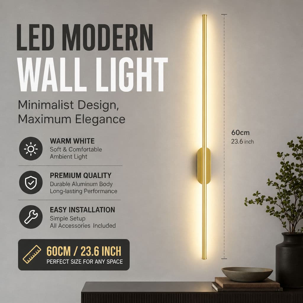 Luminária De Parede Moderna LED Minimalista Com Tira Longa De 60 Cm Lâmpada Dourada/Preta Para Quarto E Sala De Estar
