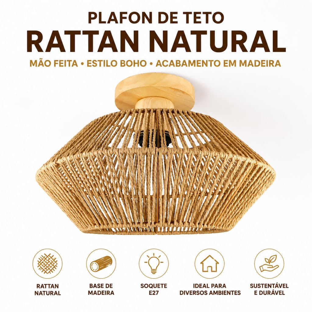 Plafon De Teto Rattan Natural Artesanal Estilo Boho Base De Madeira Luminária De Teto Para Corredor Quarto