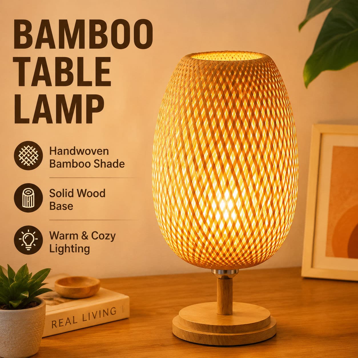 Lâmpada de mesa de bambu tecida à mão base de madeira sólida luz quente para decoração de quarto e sala vários tamanhos