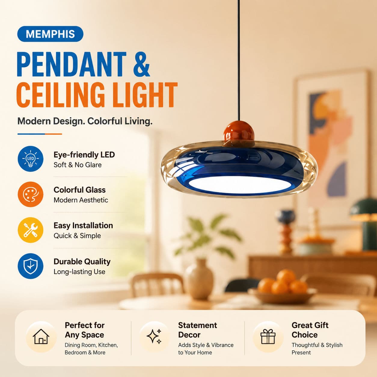 Luminária Pendente De Vidro Memphis, Luminária De Teto Moderna Tri Ajustável Para Sala De Jantar E Cozinha