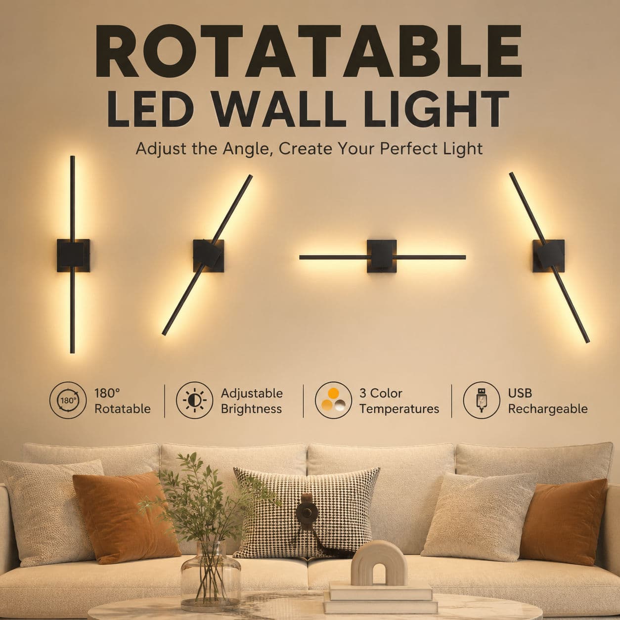 Candeeiro De Parede Led Moderno Rotativo 180° Recarregável Usb 3 Cores Preto Para Sala Quarto Corredor Banheiro