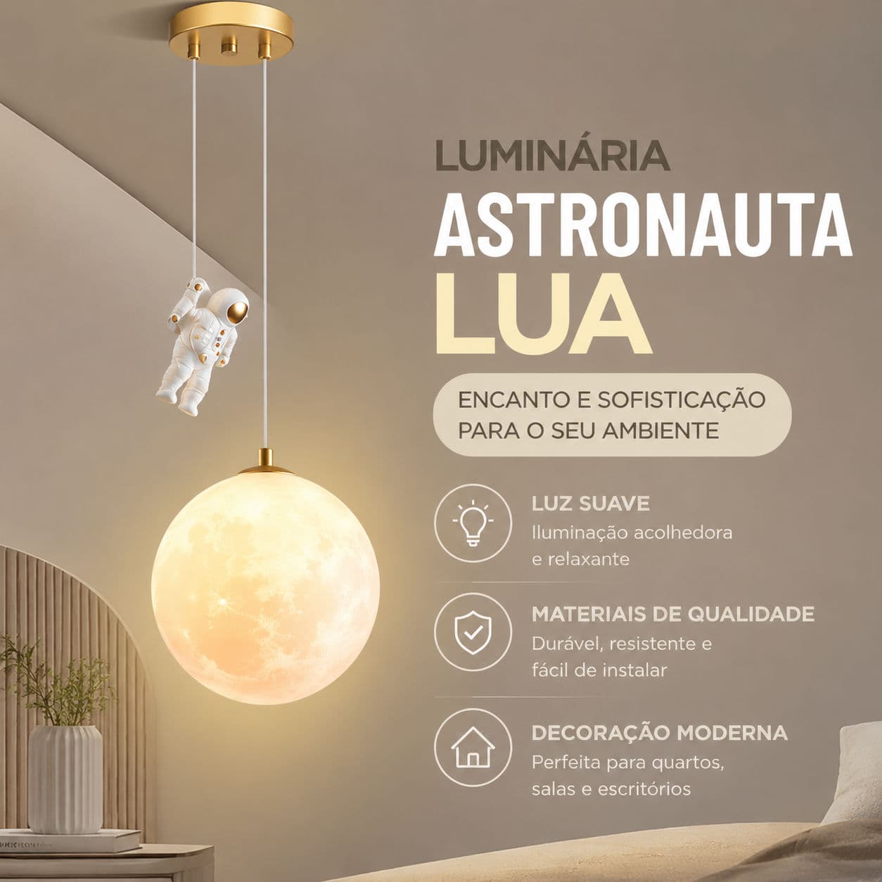 Astronauta Lua Pingente Lâmpada Nórdico Moderno Dourado Ajustável Pendurado Luz Para Crianças Quarto Decoração De Cabece