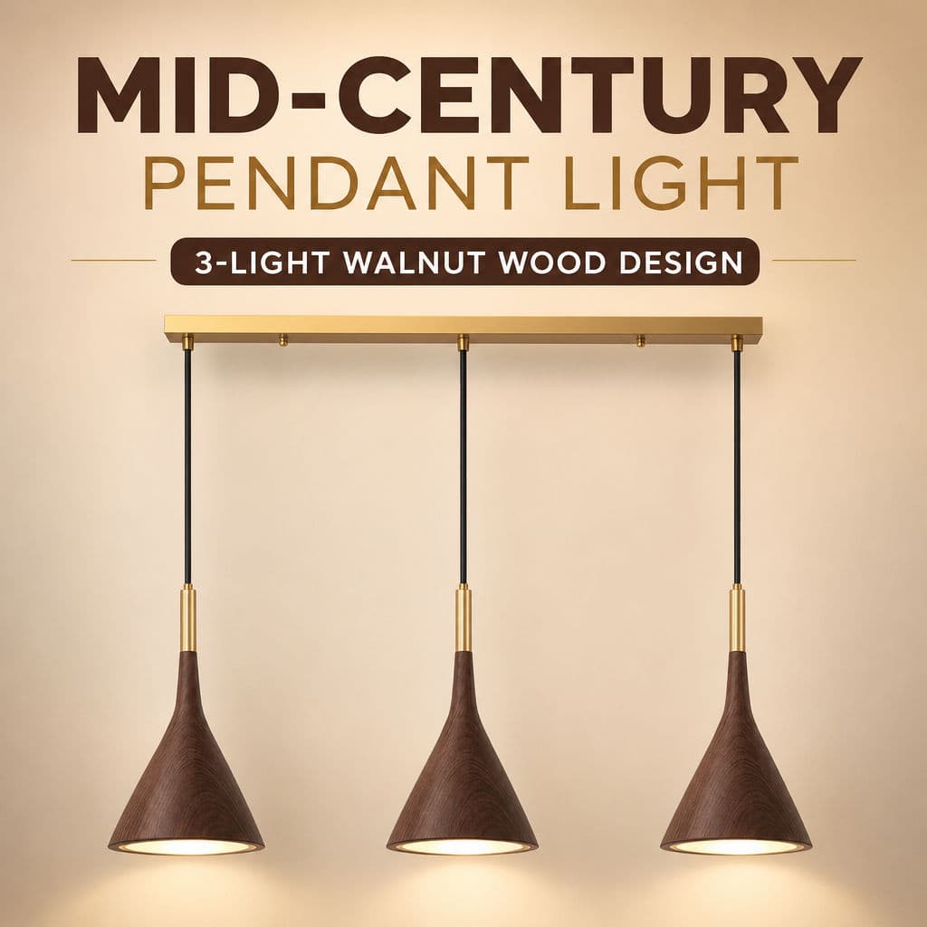 Luz Pendente Do Século Médio , Suspensa Vintage De Madeira De Nogueira Com 3 Luzes Para Mesa De Jantar , Ilha De Cozinha