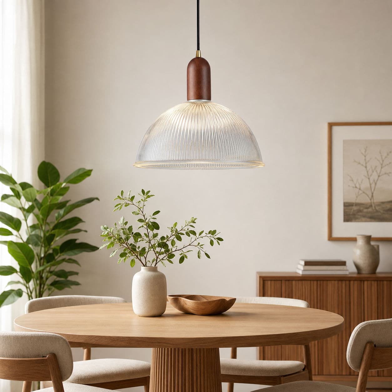 Luminária Pendente De Vidro Com Nervuras De Madeira Maciça , Moderna , Retrô , Suspensa , Para Sala De Jantar , Cozinha