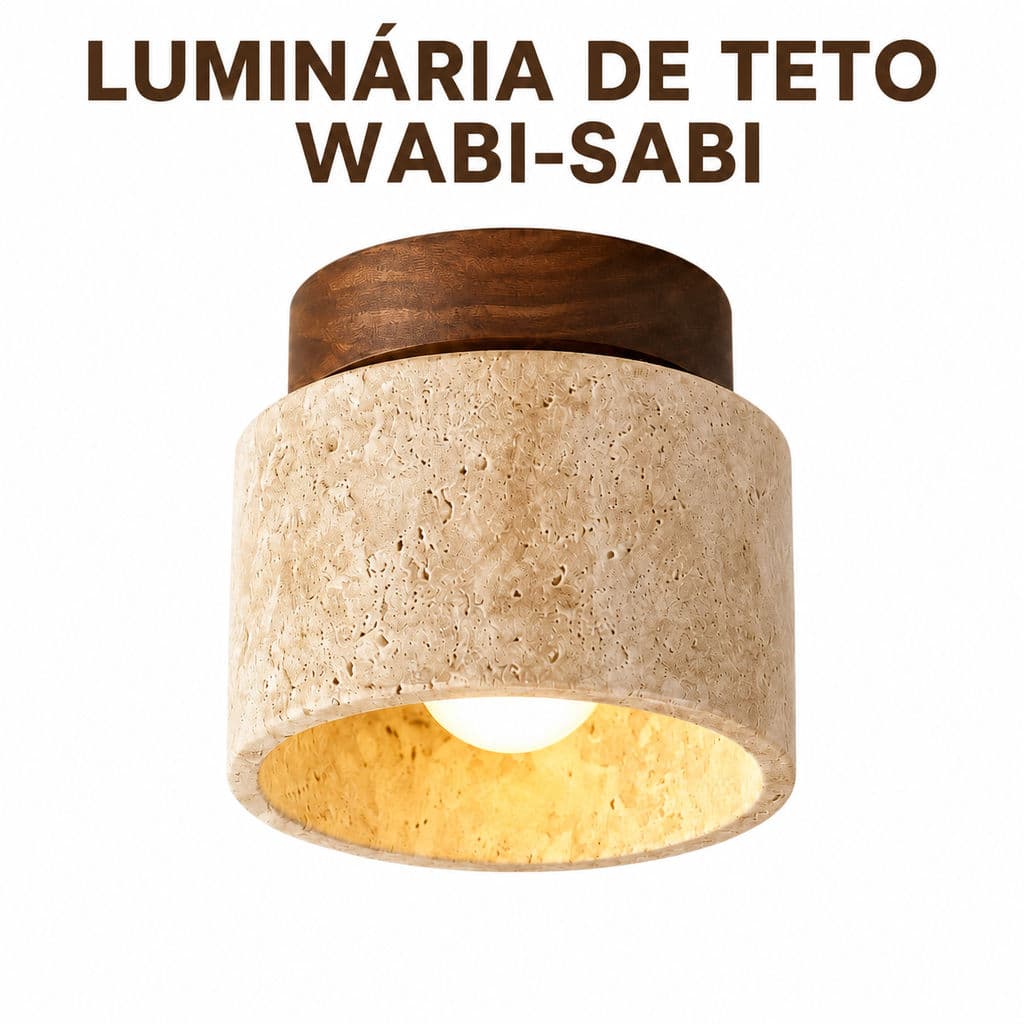 Luminária De Teto Wabi-Sabi Travertina Natural Base Madeira Plafon De Teto E27 Para Corredor Quarto