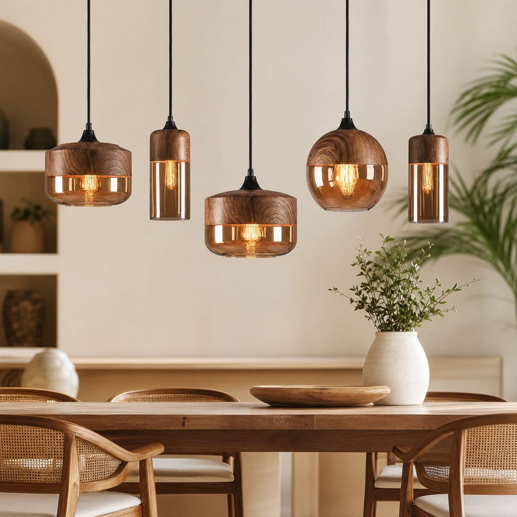 Luminária Pendente Retro Nórdica Madeira Vidro Âmbar Luz Quente Luminária Para Mesa De Jantar lampu gantung