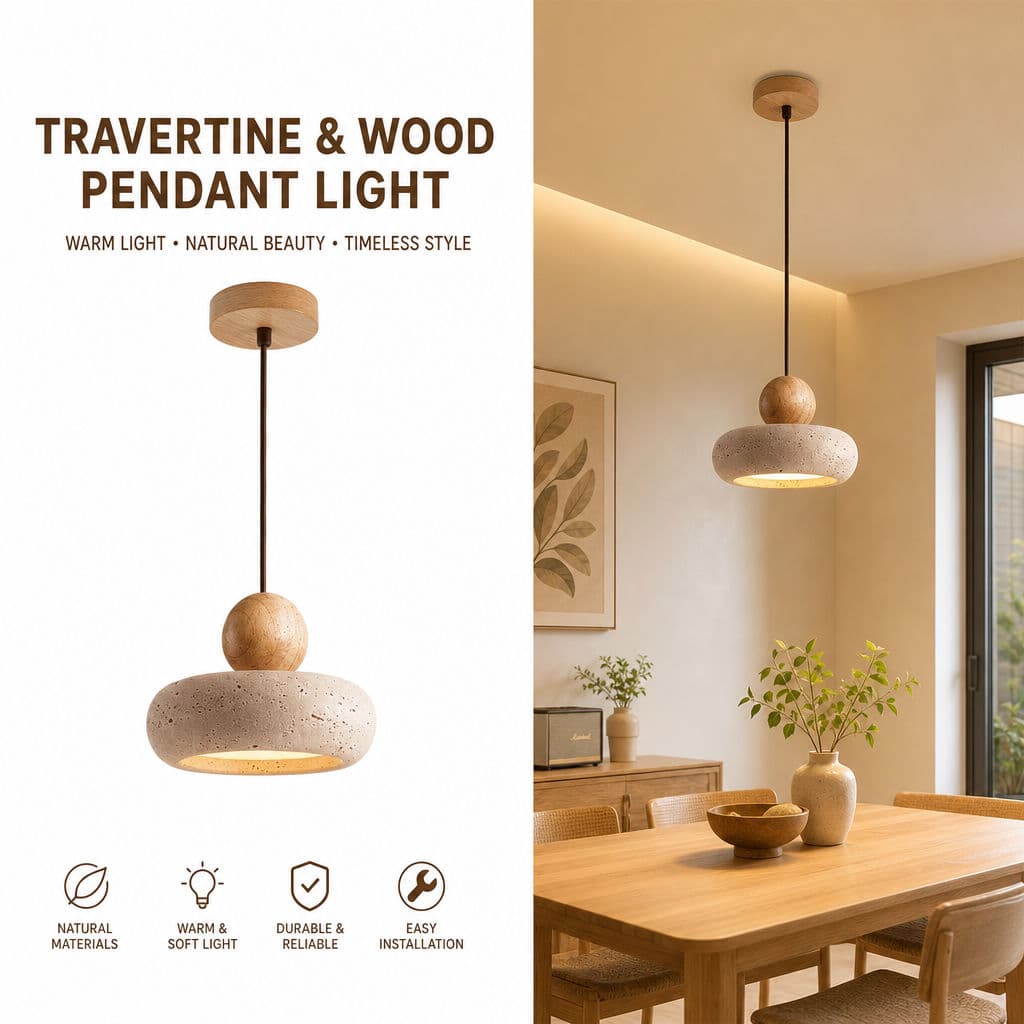 Luminária Pendente Wabi Sabi - Luminária De Teto Travertino Natural Madeira Maciça Luz Quente Decoração Residencial