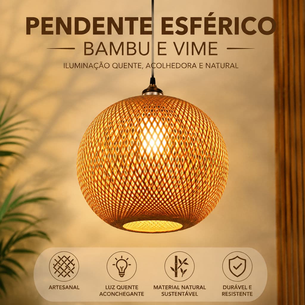 Pendente Esférico De Bambu Lustre Decorativo De Vime Luz Quente Para Sala De Jantar E Restaurante