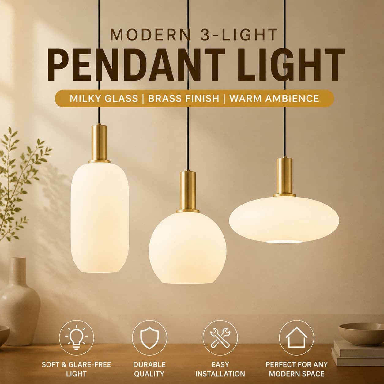 Luminária Pendente Moderna 3 Luzes Vidro Leite Acabamento Dourado Preto Decoração Para Sala Quarto Jantar