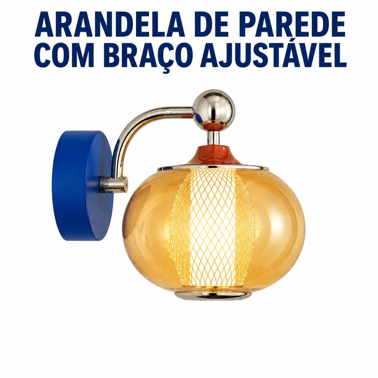 Arandela De Parede Com Braço Ajustável Lâmpada De Parede Vidro Âmbar Base Azul Decoração Quarto