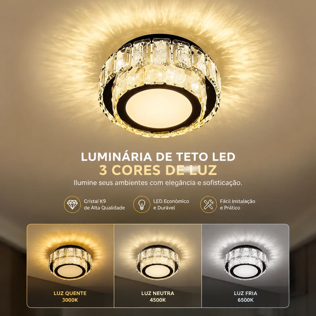 Luminária De Teto LED Cristal K9 3 Cores Ajustáveis Abajur De Teto Para Corredor Quarto Pequeno