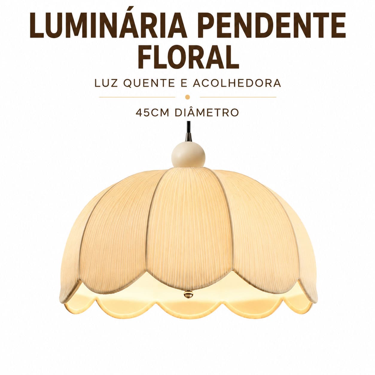 Luminária Pendente Formato Floral Luz Quente 45cm Abajur Suspenso Tecido Plissado Para Sala De Jantar