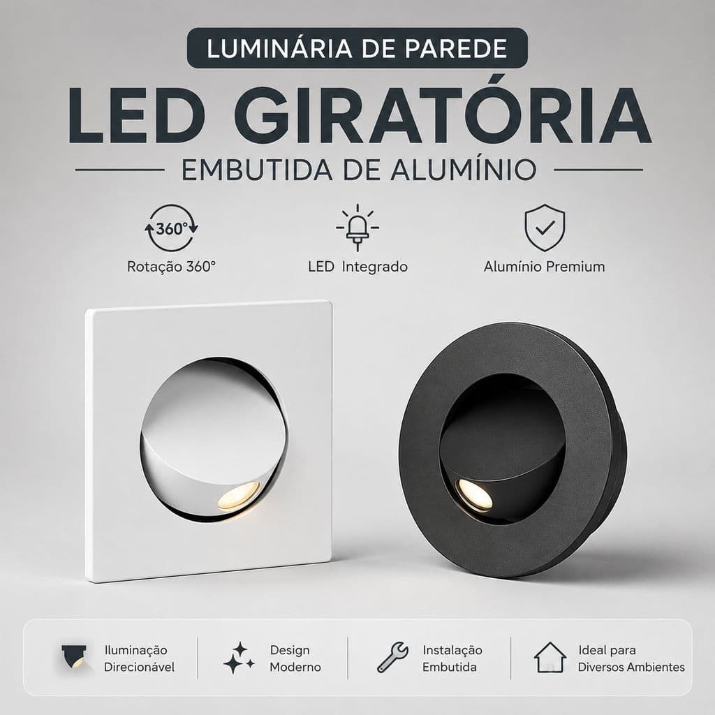 Luminária De Parede LED 360° Giratória 3w Arandela Embutida De Alumínio Ajustável Para Quarto E Escadas