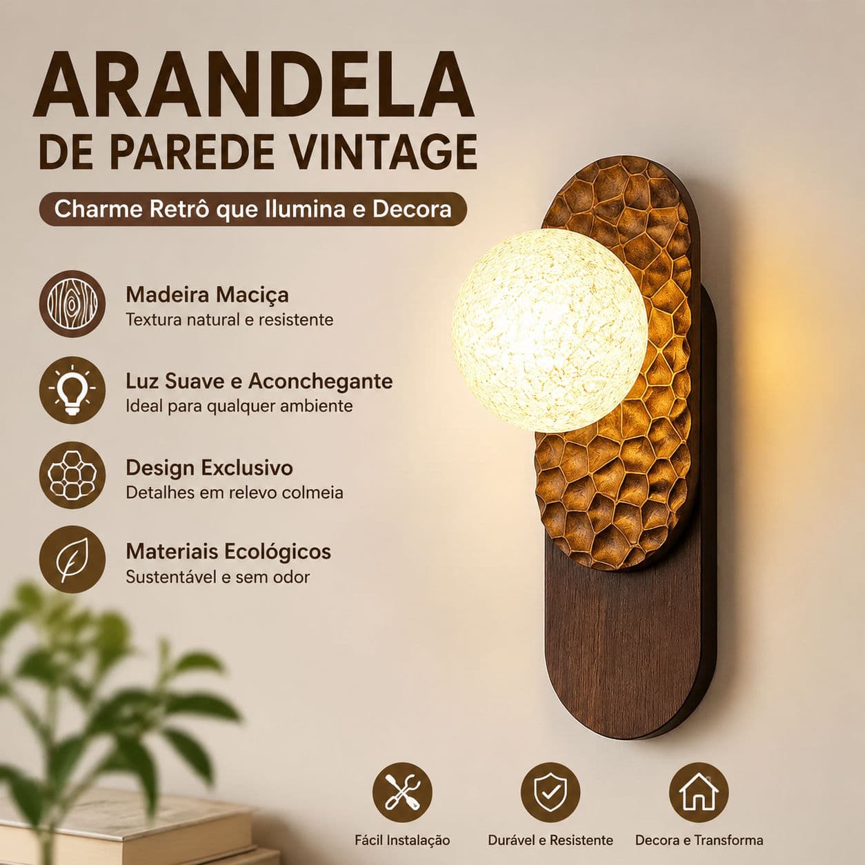 Lâmpada De Parede Vintage De Madeira Maciça 12W 3 Cores Regulável LED Iluminação De Decoração De Favo De Mel Para Quarto