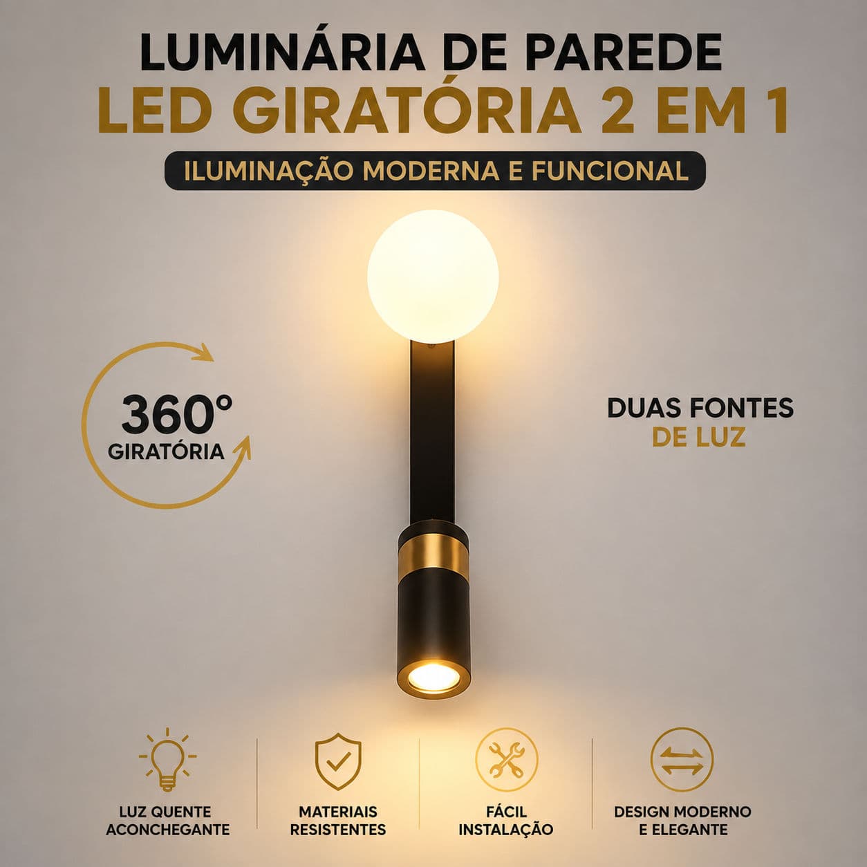 Led 360 ° Aplique De Parede Giratório 2 Em 1 , Preto , Dourado/Branco , Luz Tricolor Para Quarto , Sala De Estar , Banhe
