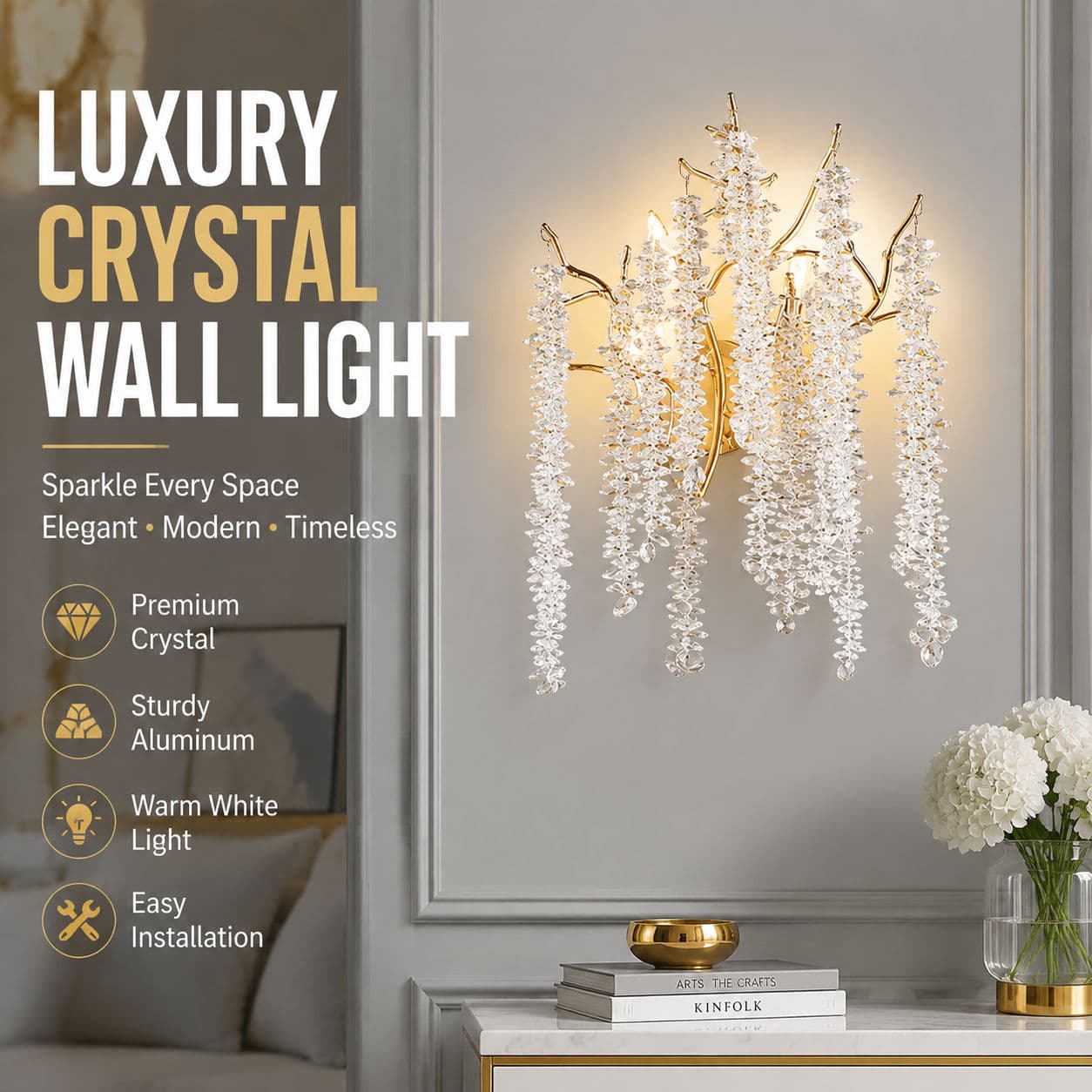 Luz De Parede De Cristal De Luxo Moderna Lâmpada Alumínio Dourado Para Quarto Sala De Estar Corredor