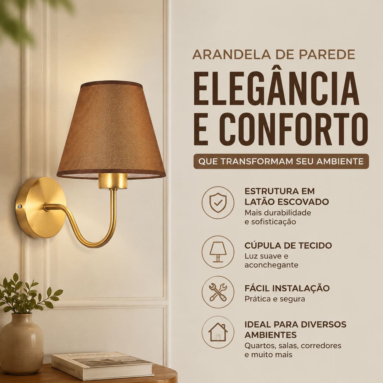 Arandela De Parede Tecido Base Latão Escovado Iluminação Decorativa Para Quarto Corredor Lampu Kamar Tidur